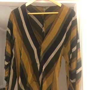 Striped, tan mustard brown, linen long sleeved top with brown buttons